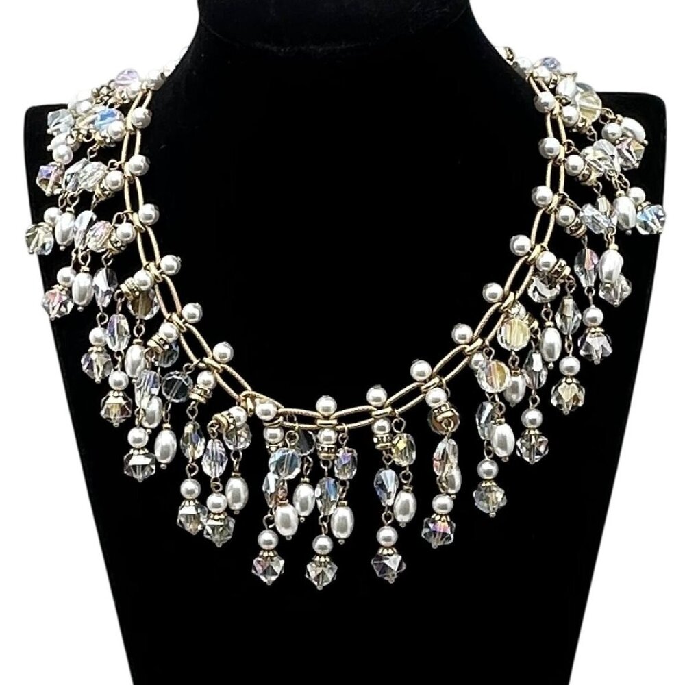 Crystal Statement Bib Necklace Gold Tone Faux Pearl Rhinestone Rhondelle New